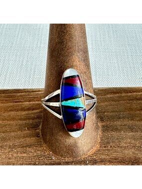 Vintage Zuni Sterling Silver Multi Stone Inlay Ring Size 8.75 Signed F